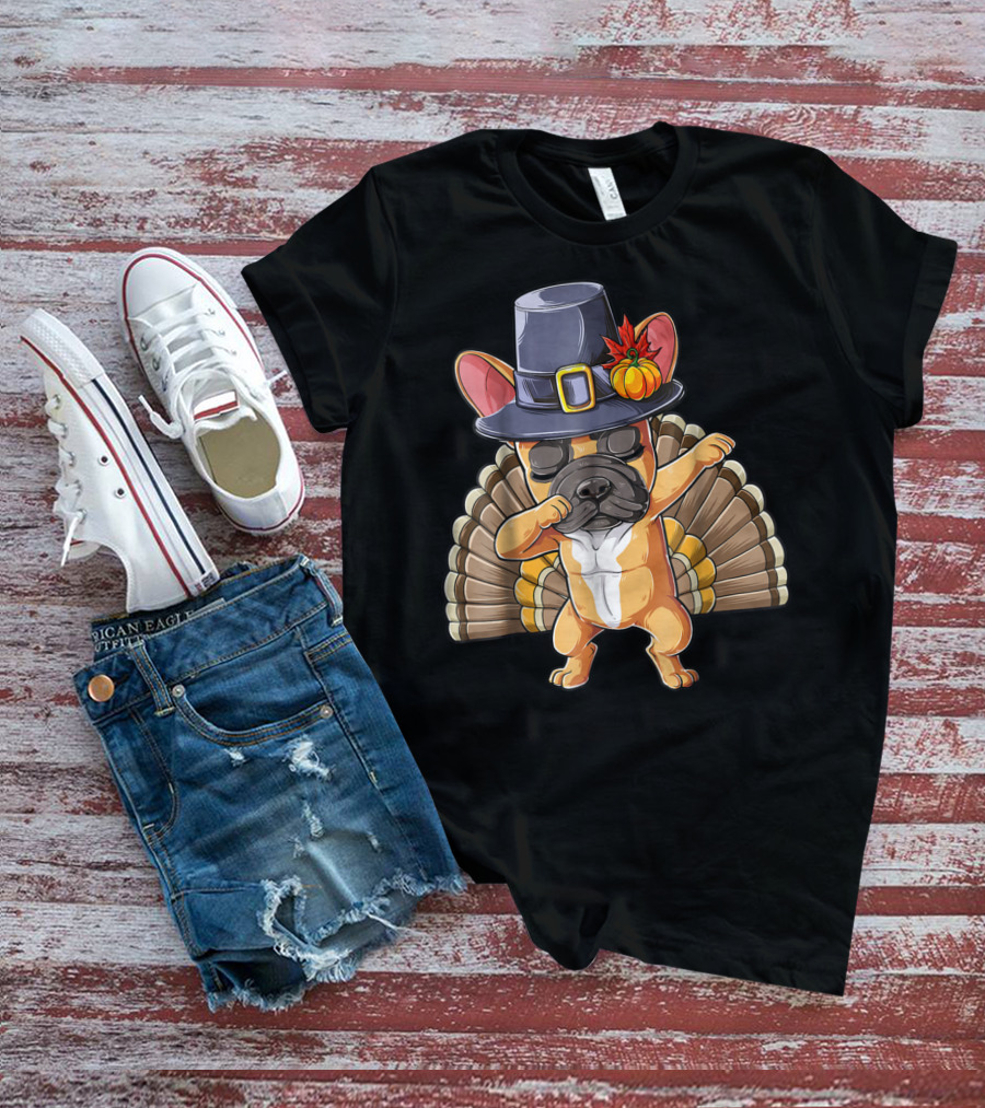Thanksgiving Dabbing French Bulldog Pilgrim Hat Turkey Tail T-Shirt