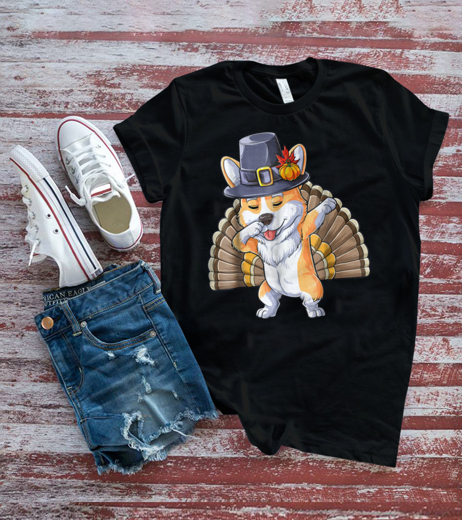 Thanksgiving Pilgrim Corgi Dabbing With Turkey Feathers T-Shirt