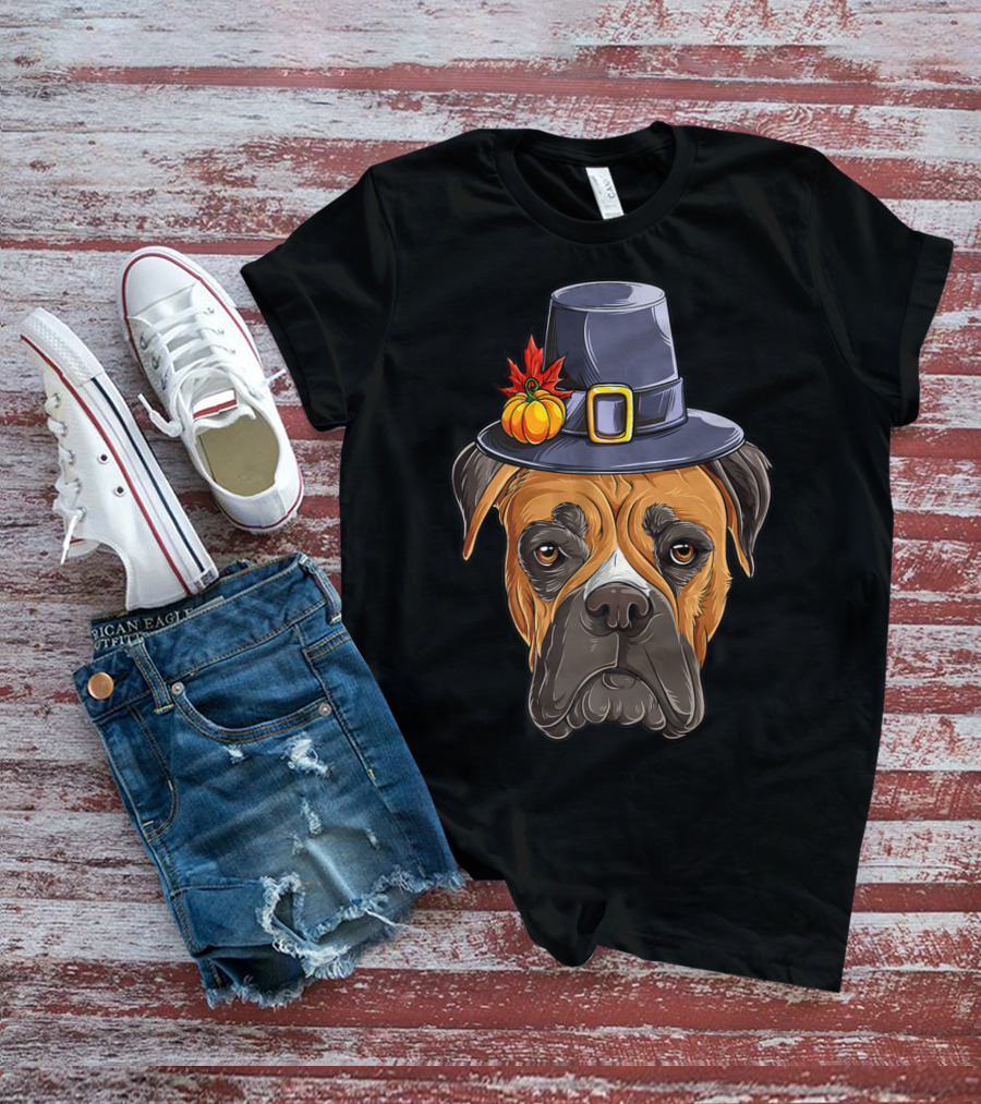 Thanksgiving Boxer Dog Pilgrim Hat Pumpkin Leaf T-Shirt