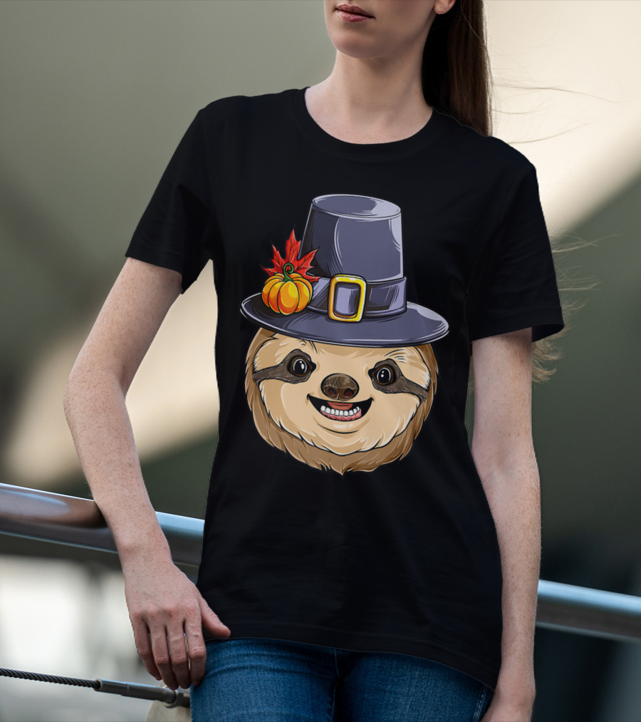 Thanksgiving Sloth With Pilgrim Hat Pumpkin And Autumn Leaves T-Shirt