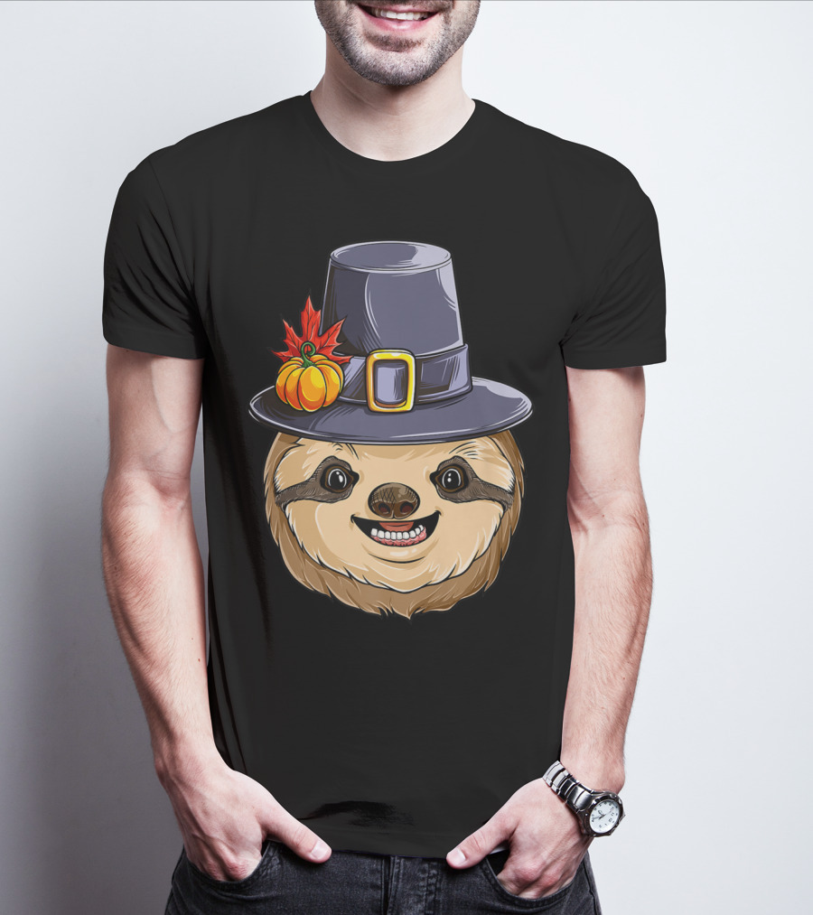 Thanksgiving Sloth With Pilgrim Hat Pumpkin And Autumn Leaves T-Shirt