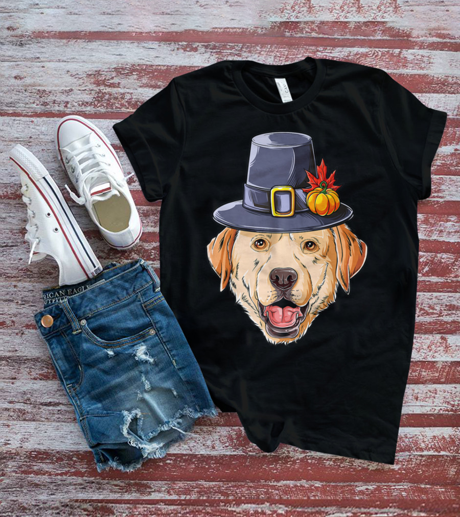 Thanksgiving Dog In Pilgrim Hat With Pumpkin And Leaf T-Shirt