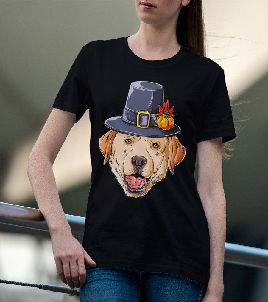 Thanksgiving Dog In Pilgrim Hat With Pumpkin And Leaf T-Shirt