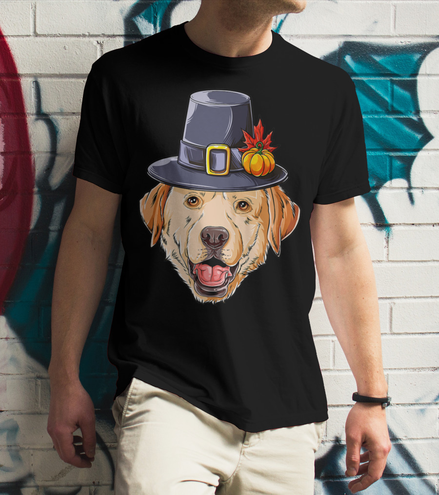 Thanksgiving Dog In Pilgrim Hat With Pumpkin And Leaf T-Shirt