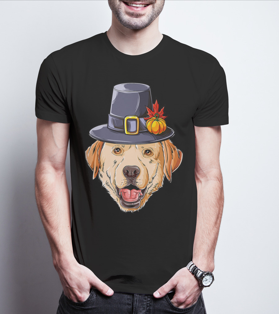 Thanksgiving Dog In Pilgrim Hat With Pumpkin And Leaf T-Shirt