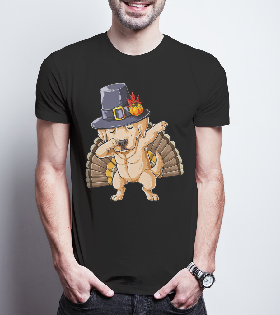 Thanksgiving Dabbing Labrador Wearing Pilgrim Hat With Turkey Tail T-Shirt