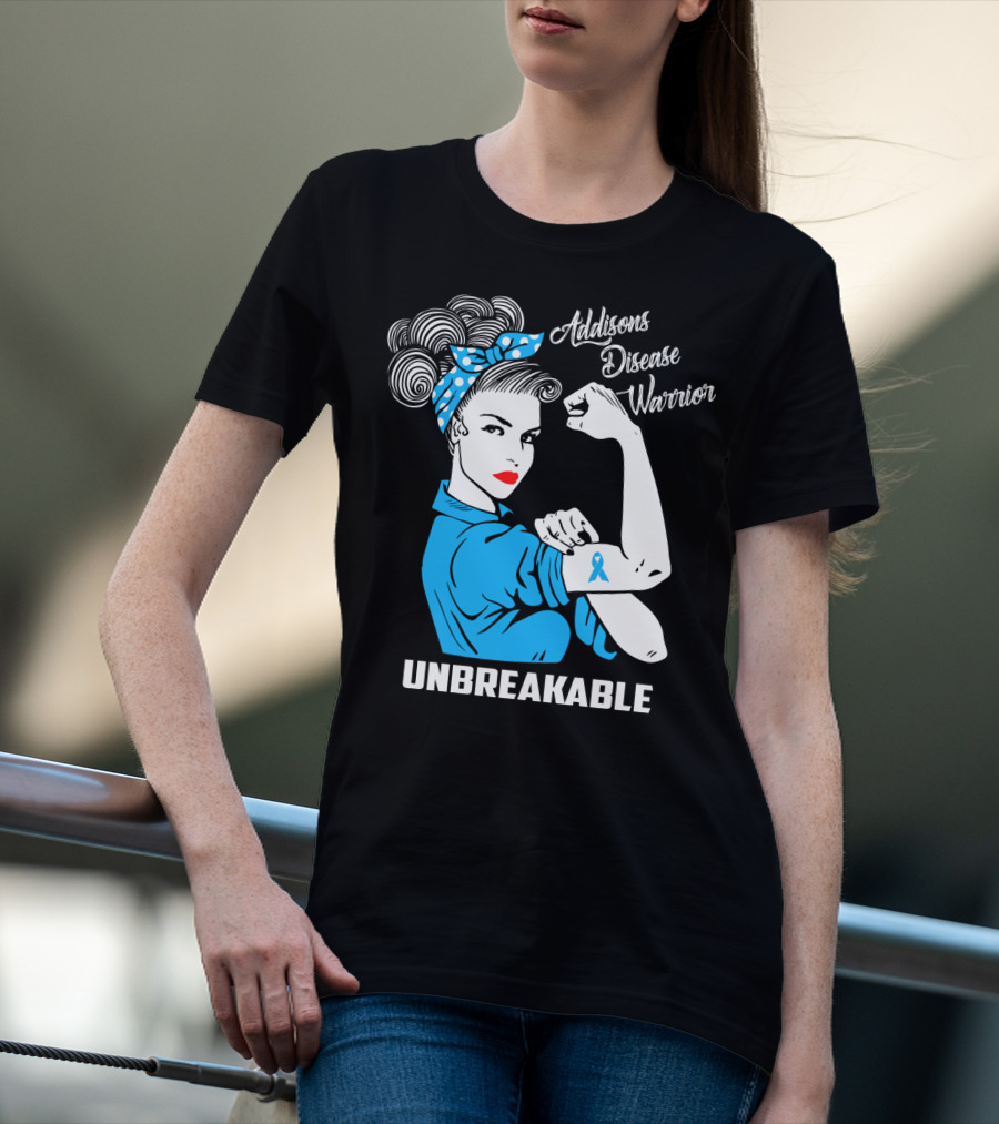 Addisons Disease Warrior Unbreakable Awareness Woman With Ribbon T-Shirt