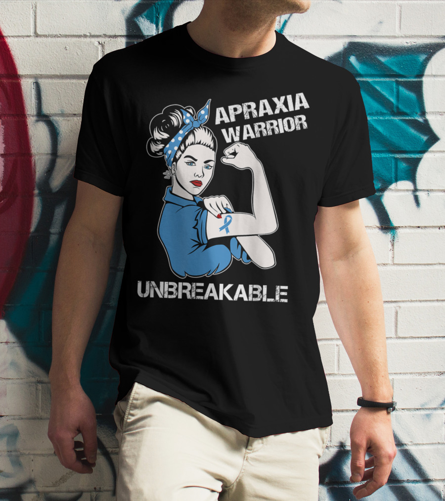 Apraxia Warrior Unbreakable Rosie Riveter Blue Awareness T-Shirt