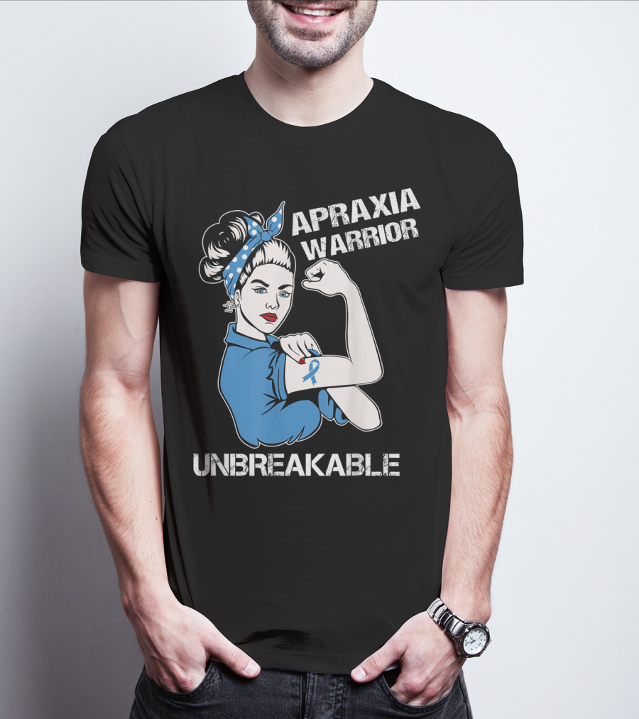 Apraxia Warrior Unbreakable Rosie Riveter Blue Awareness T-Shirt