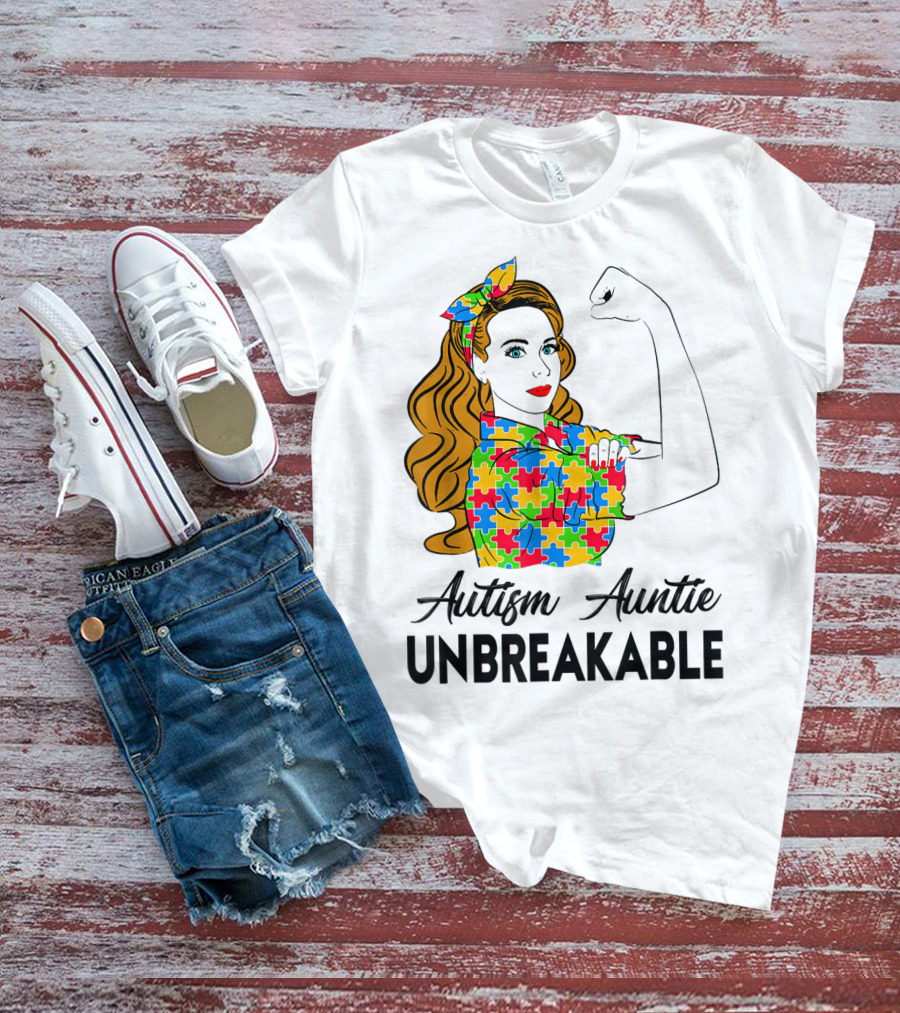 Unbreakable Auntie Autism Awareness Puzzle Colors Rosie The Riveter T-Shirt