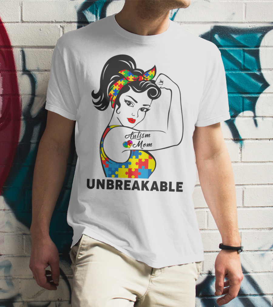 Autism Awareness Unbreakable Autism Mom Puzzle T-Shirt