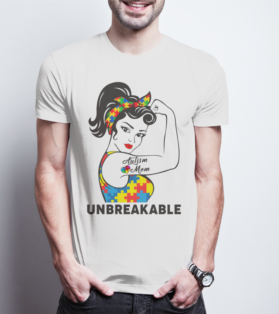 Autism Awareness Unbreakable Autism Mom Puzzle T-Shirt