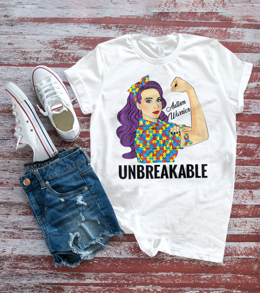 Autism Awareness Warrior Unbreakable Puzzle Ribbon Rosie The Riveter T-Shirt