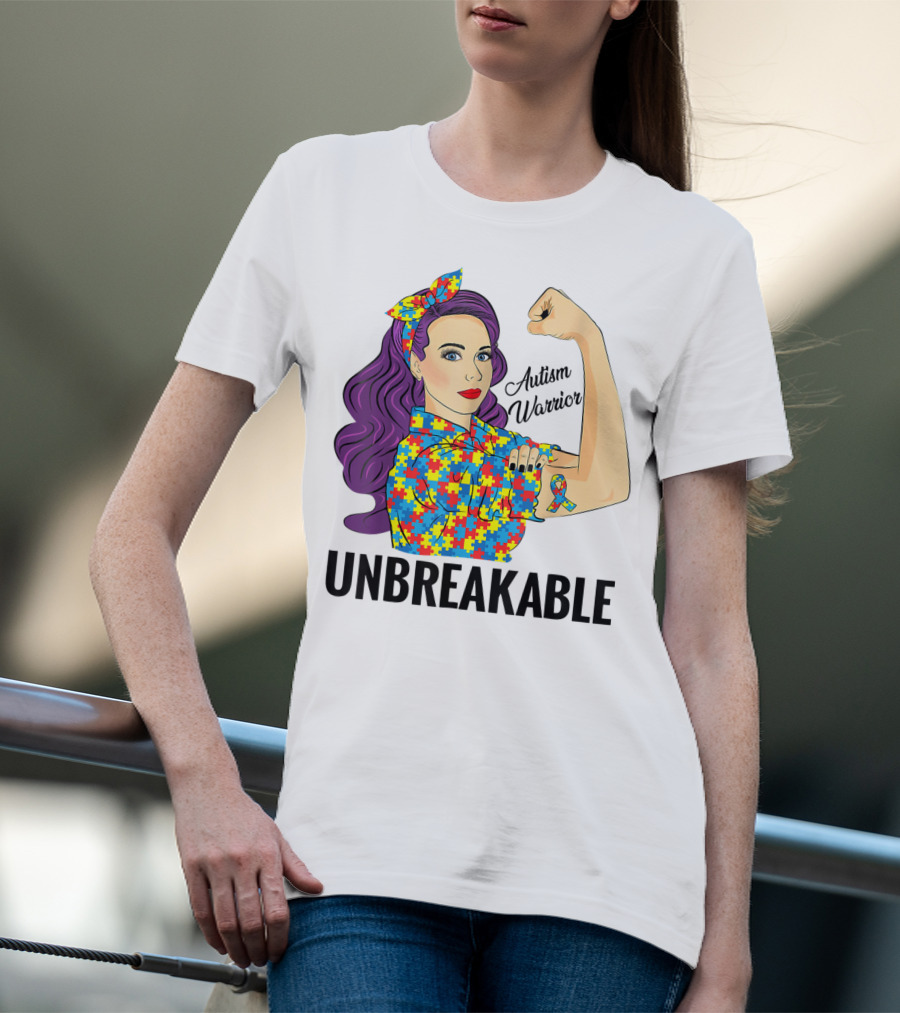 Autism Awareness Warrior Unbreakable Puzzle Ribbon Rosie The Riveter T-Shirt