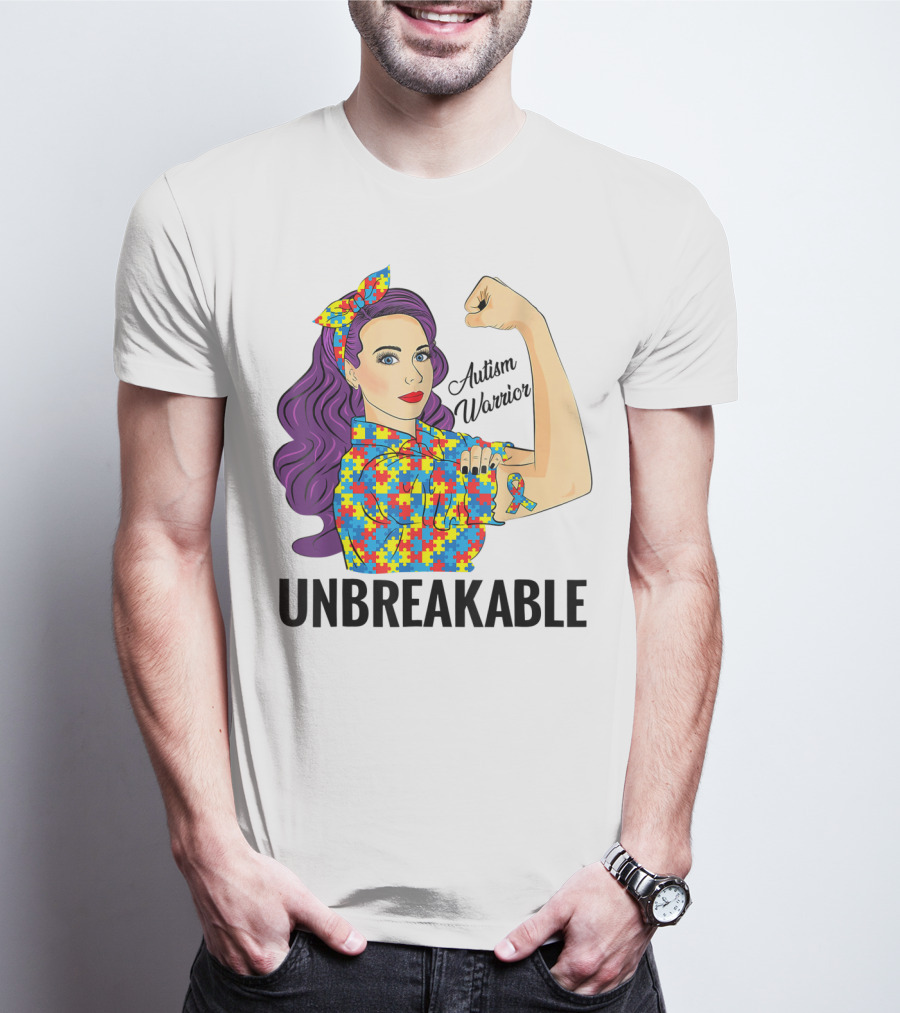 Autism Awareness Warrior Unbreakable Puzzle Ribbon Rosie The Riveter T-Shirt