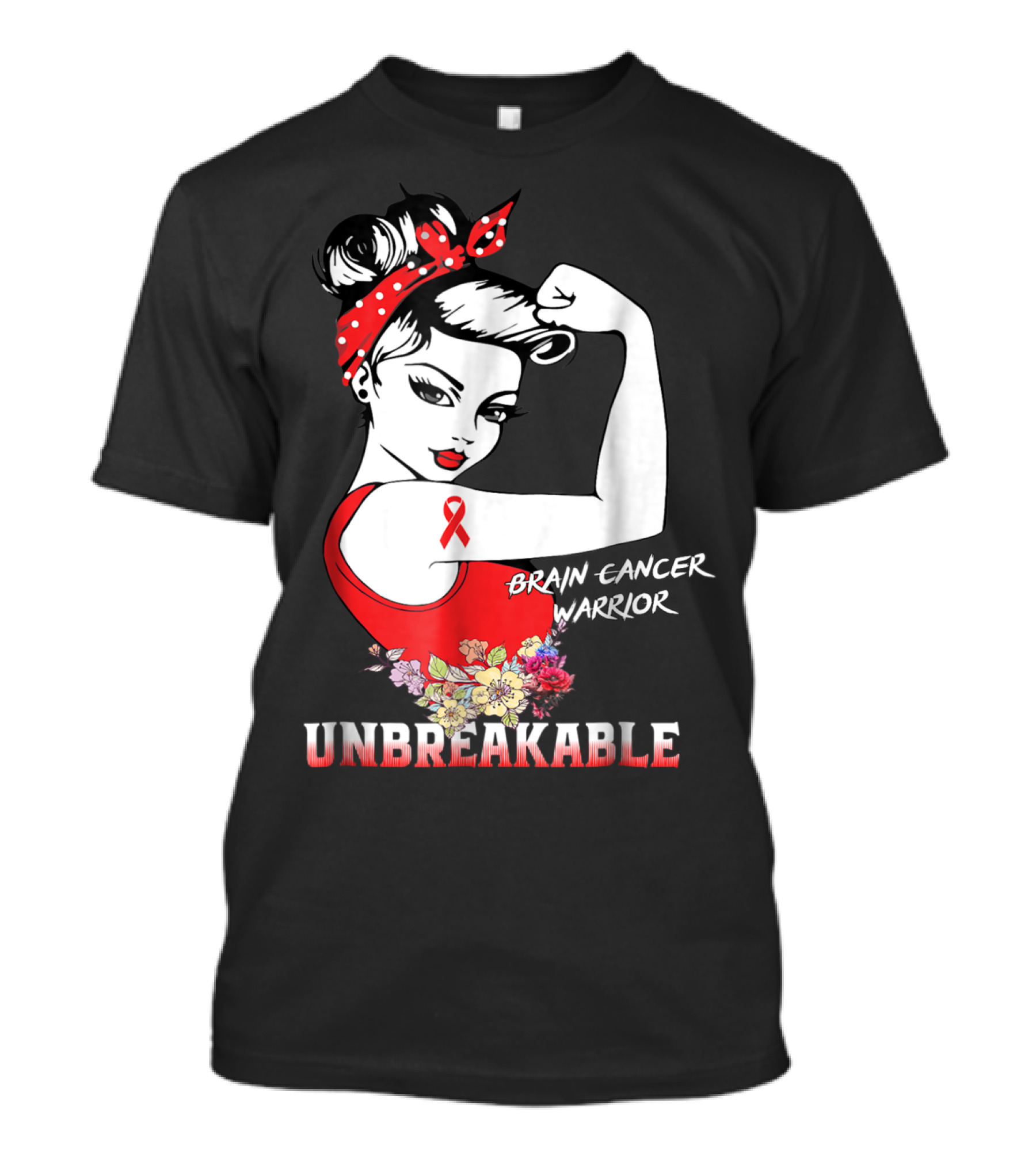 Unbreakable Brain Cancer Warrior With Awareness Ribbon And Floral Accents T-Shirt