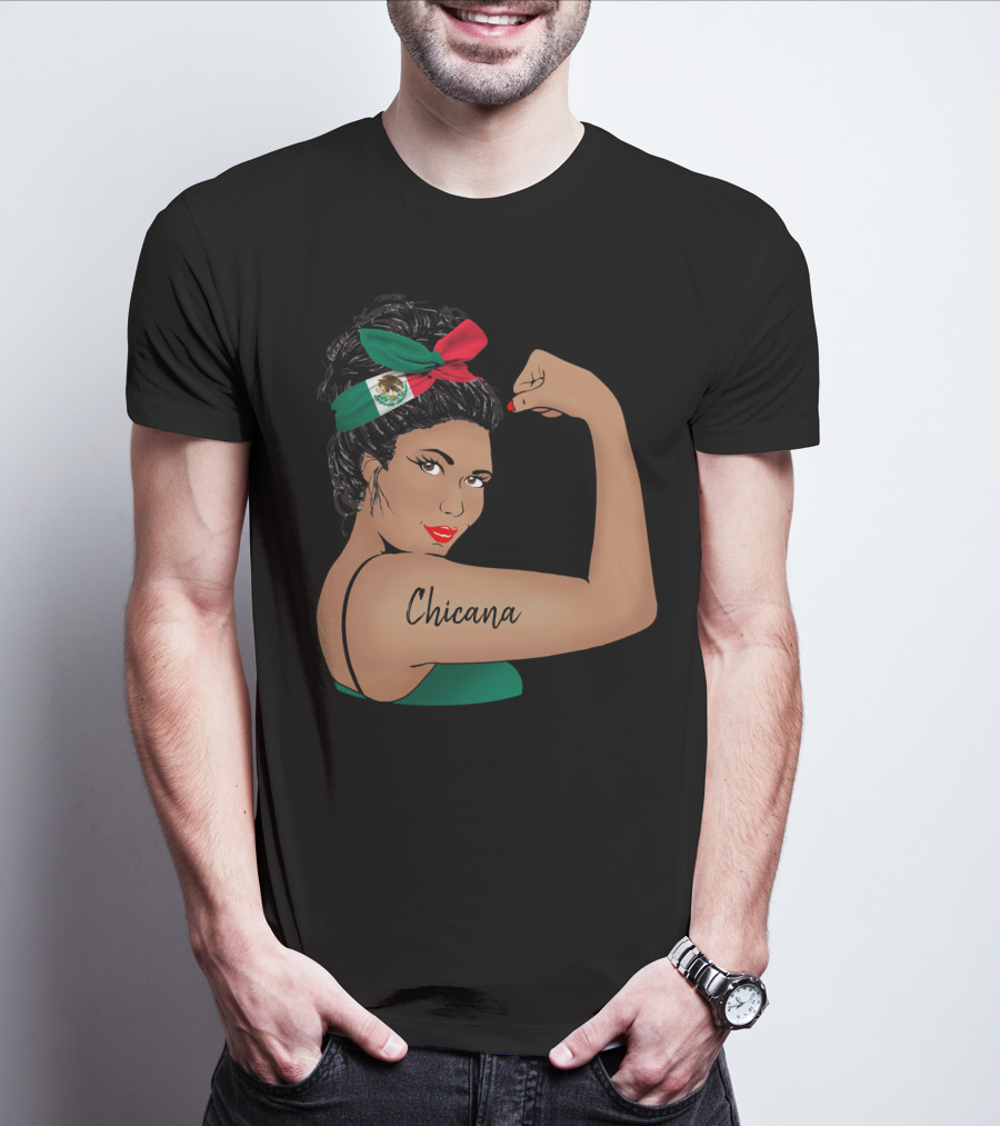 Chicana Girl Flexing With Mexican Flag Hair Wrap Unbreakable Strong T-Shirt
