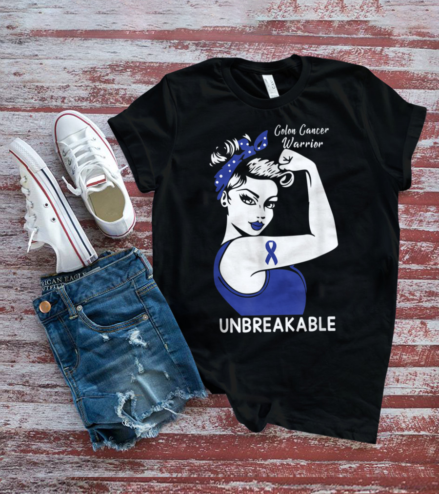 Colon Cancer Warrior Unbreakable Strength Ribbon Rosie The Riveter Inspired T-Shirt