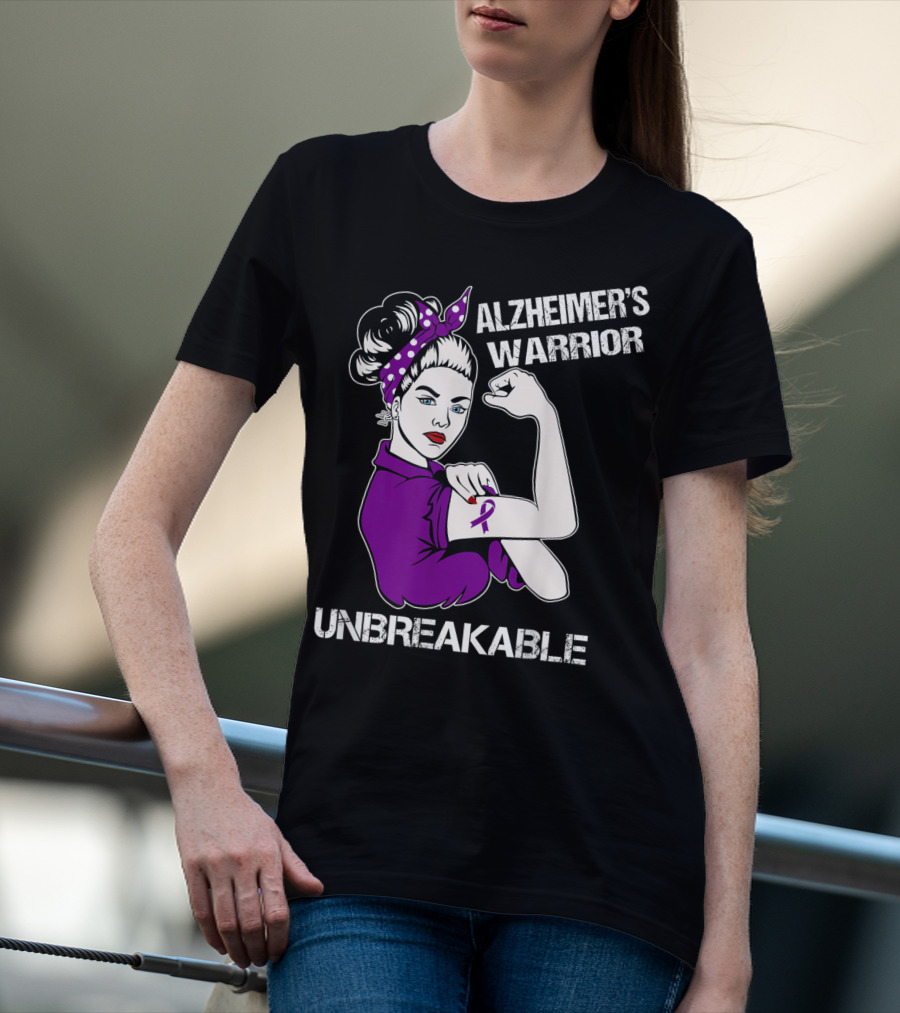 Alzheimer's Warrior Unbreakable Rosie The Riveter Style Purple Awareness T-Shirt