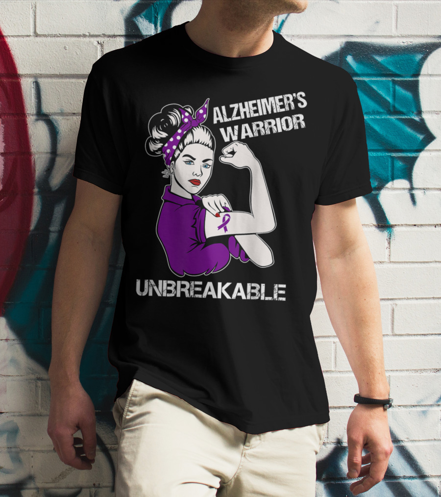 Alzheimer's Warrior Unbreakable Rosie The Riveter Style Purple Awareness T-Shirt