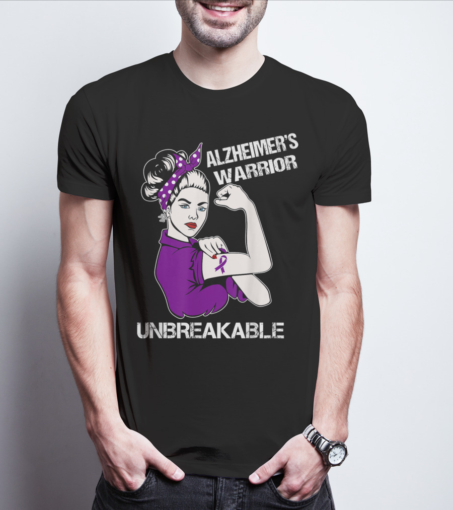 Alzheimer's Warrior Unbreakable Rosie The Riveter Style Purple Awareness T-Shirt