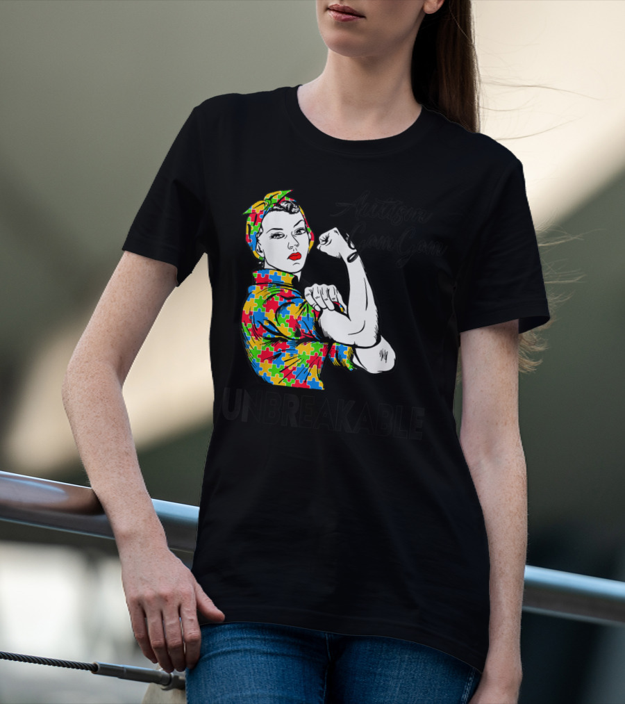 Autism Gam Gam Unbreakable Autism Awareness Puzzle Piece Rosie Flexing T-Shirt