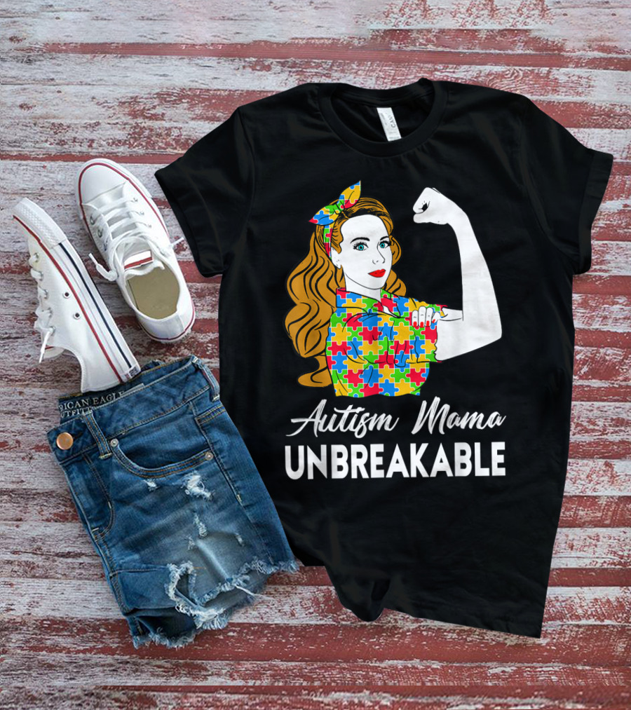 Autism Mama Unbreakable Puzzle Piece Icon Rosie The Riveter T-Shirt