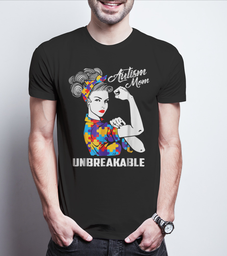 Autism Mom Unbreakable Autism Awareness Rosie The Riveter Puzzle T-Shirt