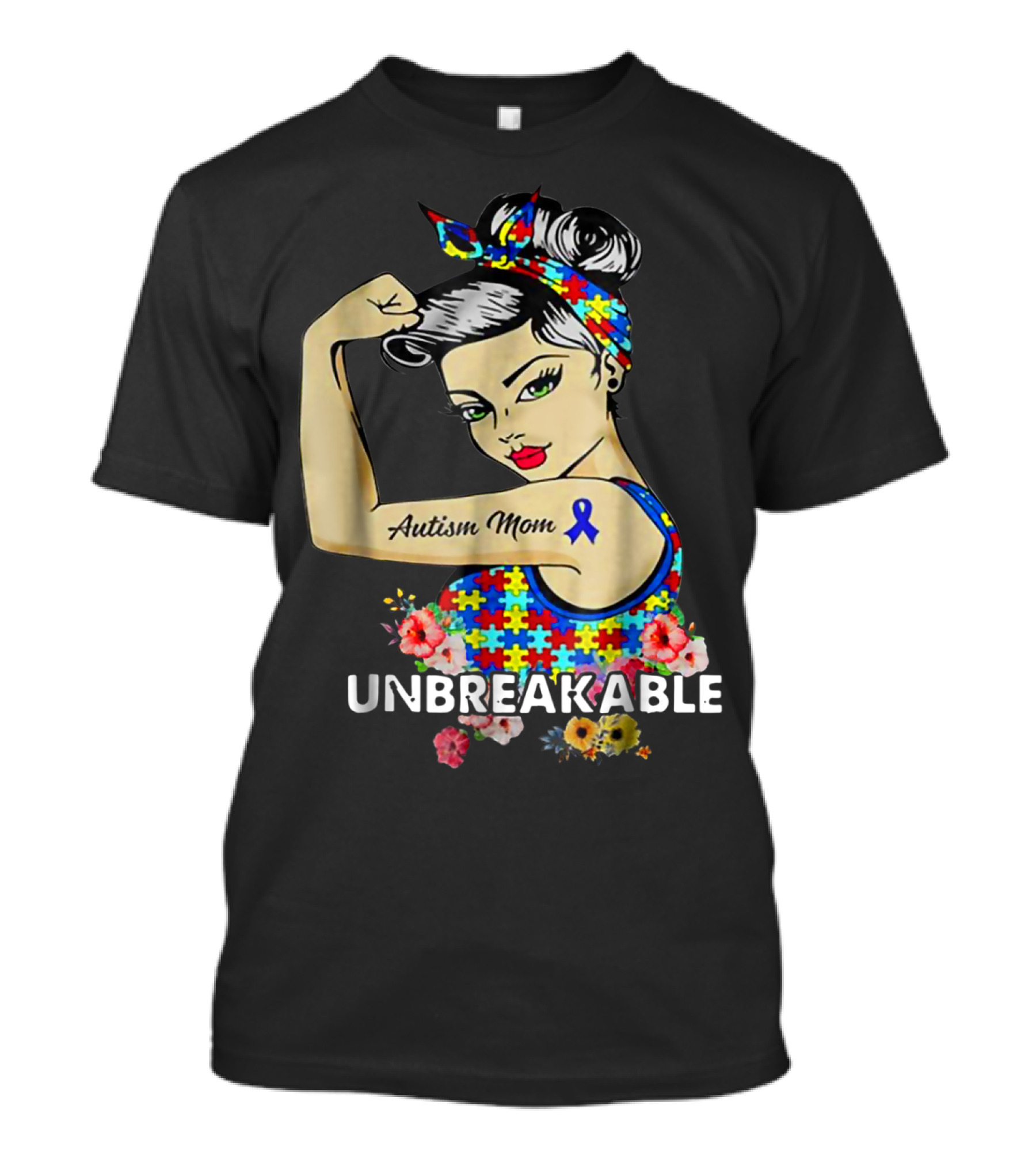 Unbreakable Autism Mom Awareness Month Puzzle Ribbon Flowers T-Shirt