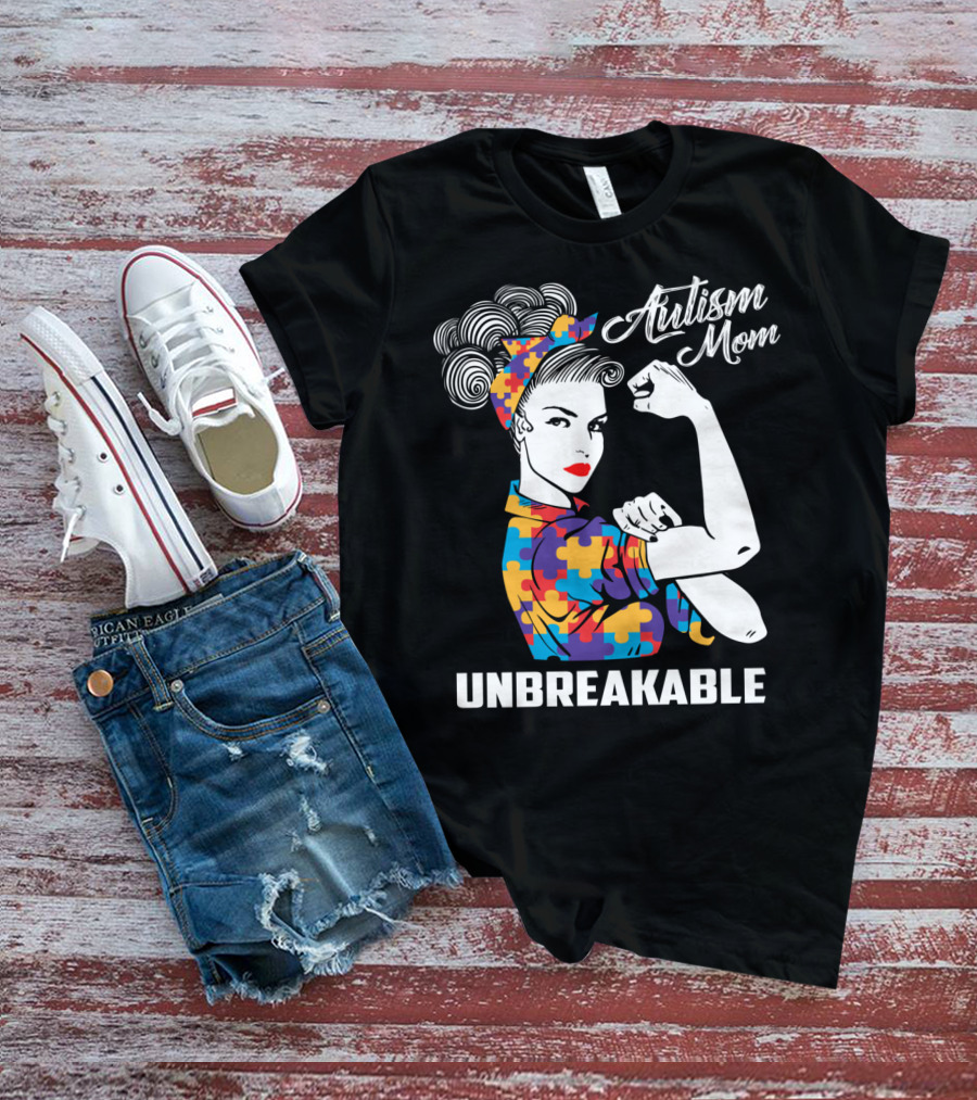 Autism Mom Unbreakable Mama Autism Puzzle Pattern Iconic Rosie Riveter T-Shirt