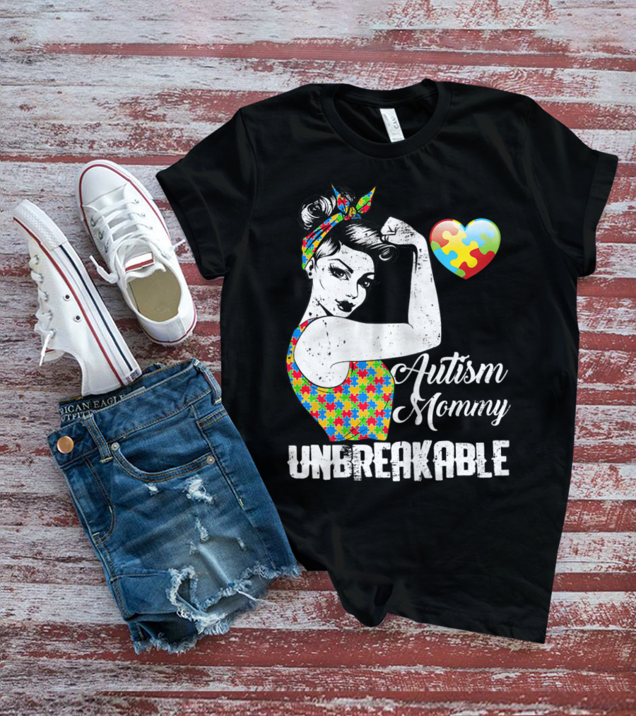 Autism Mommy Unbreakable Puzzle Heart Rosie The Riveter T-Shirt