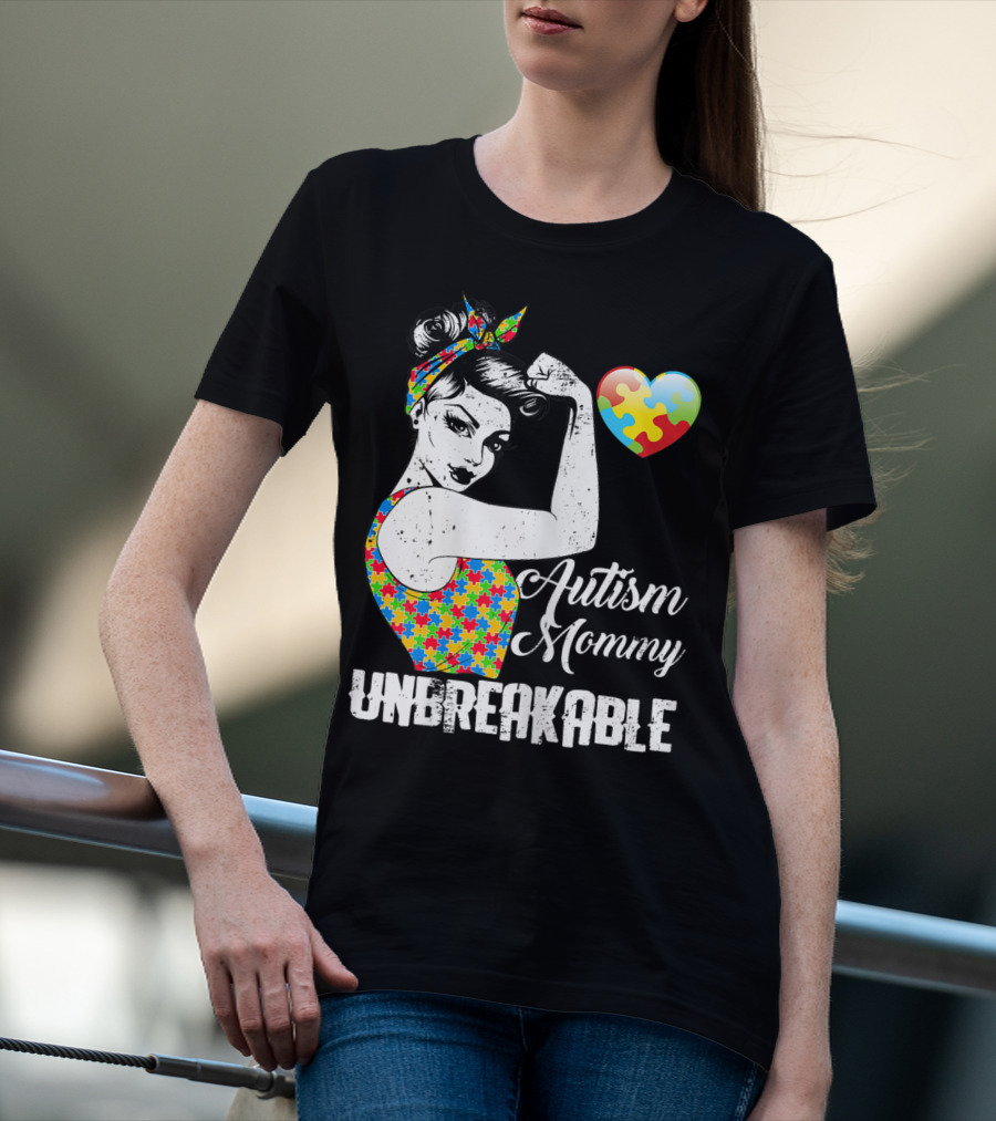 Autism Mommy Unbreakable Puzzle Heart Rosie The Riveter T-Shirt