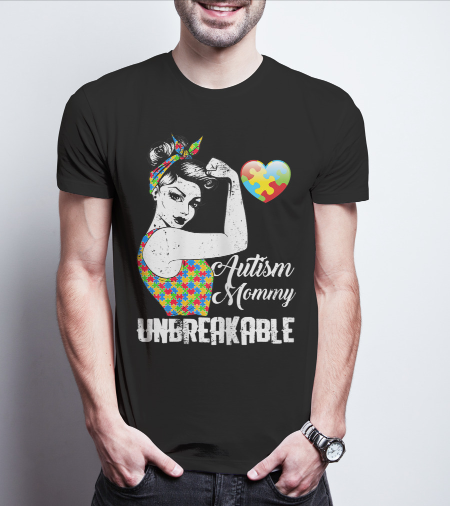 Autism Mommy Unbreakable Puzzle Heart Rosie The Riveter T-Shirt