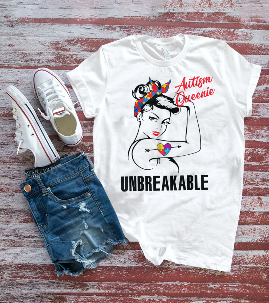 Autism Queenie Unbreakable With Puzzle Heart And Headscarf T-Shirt