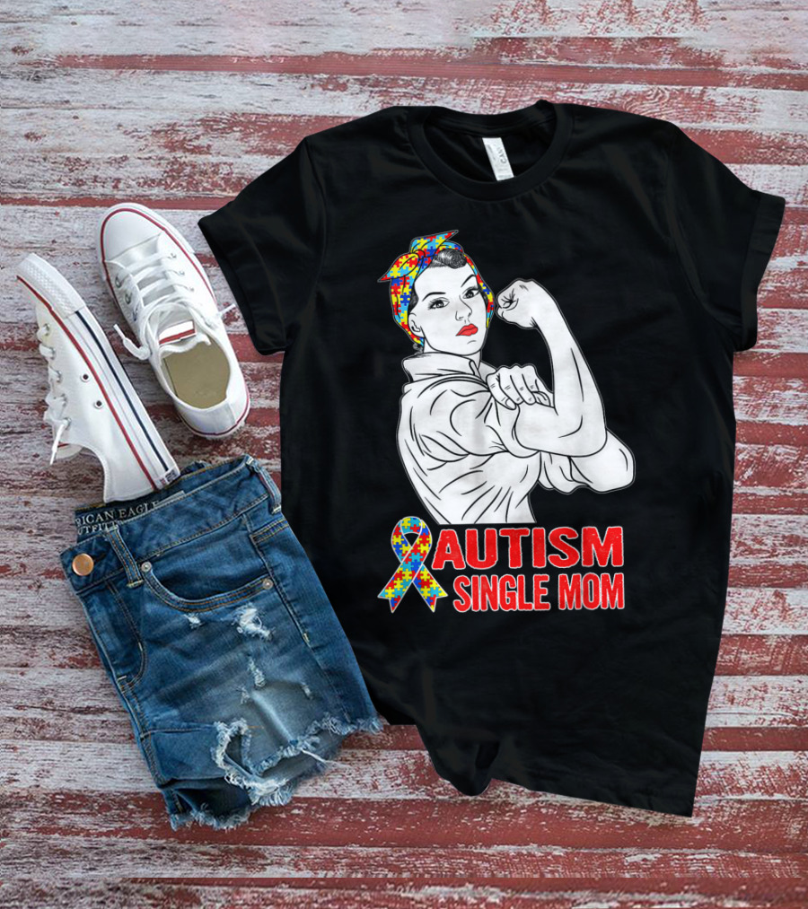 Autism Single Mom Unbreakable Awareness Rosie The Riveter Puzzle T-Shirt