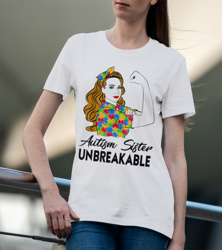 Autism Sister Unbreakable Autism Awareness Puzzle Pattern Rosie The Riveter T-Shirt