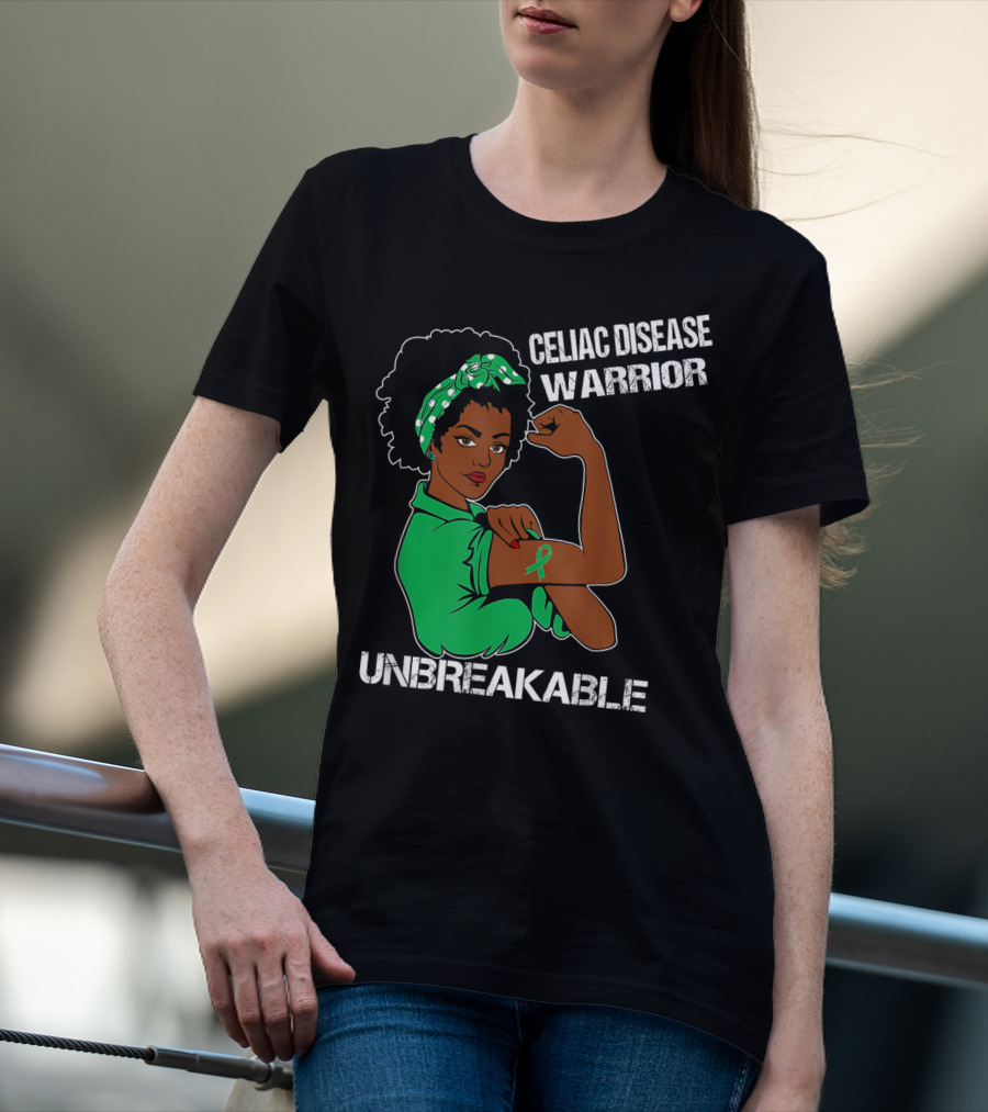 Celiac Disease Warrior Unbreakable With Empowering Arm Pose And Green Awareness T-Shirt