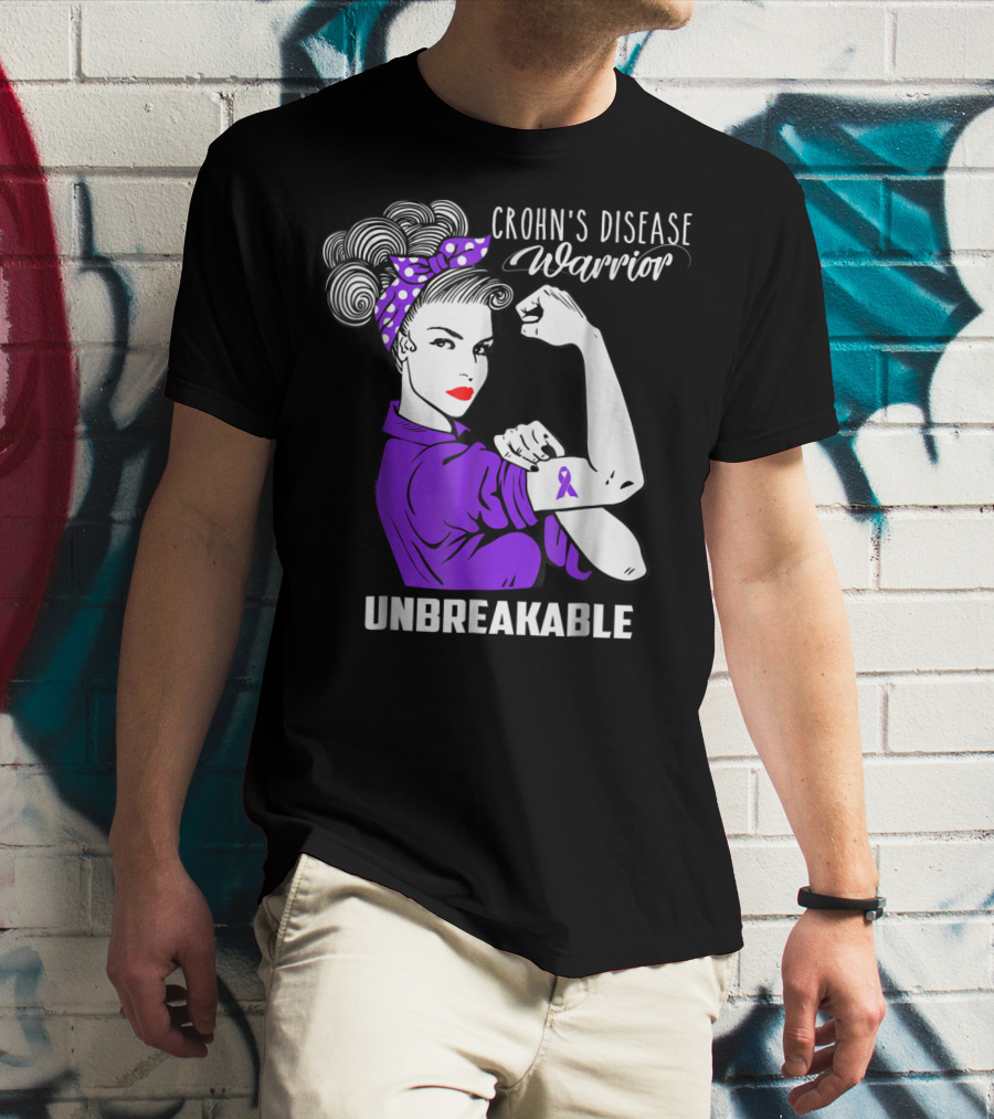 Crohn's Disease Warrior Unbreakable Awareness With Purple Ribbon Rosie The Riveter T-Shirt