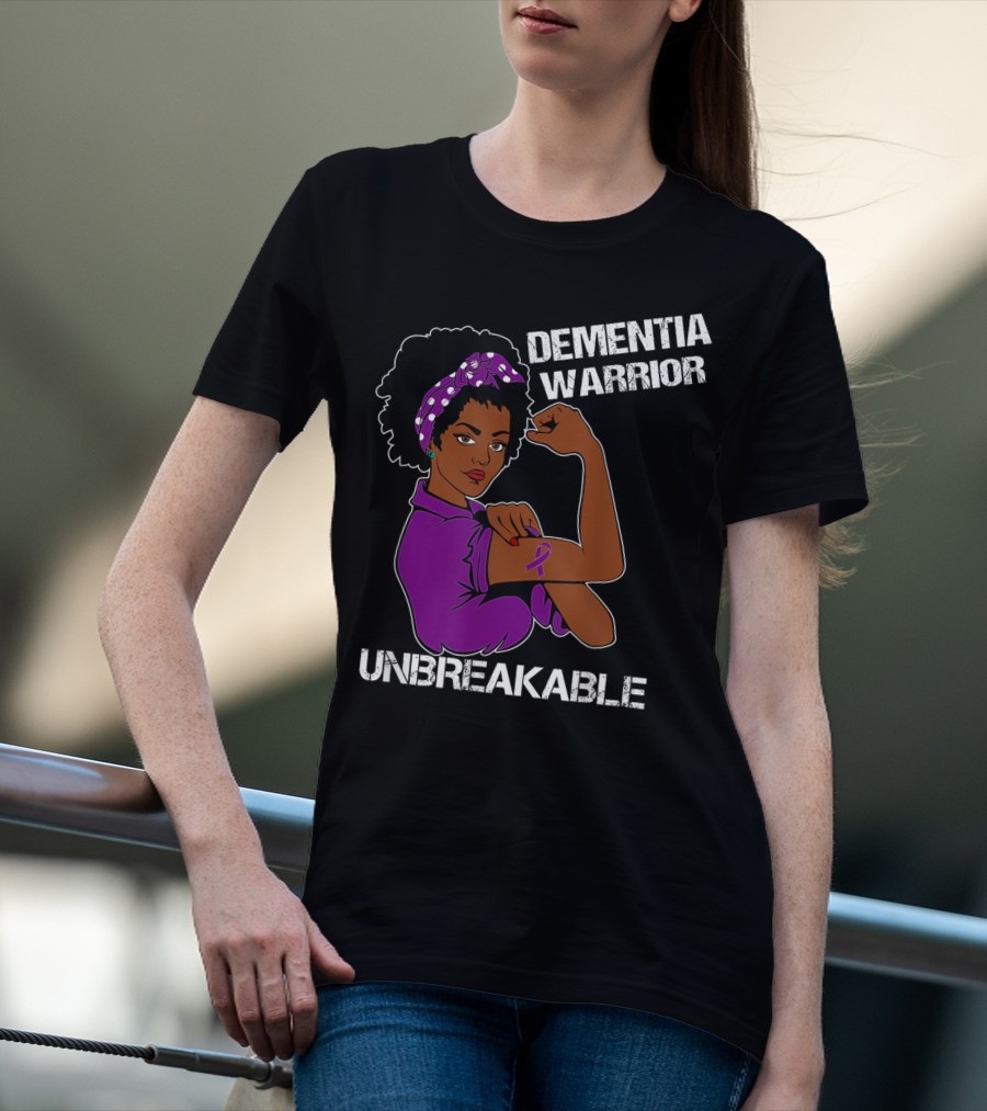 Dementia Warrior Unbreakable Rosie The Riveter Woman With Purple Awareness T-Shirt