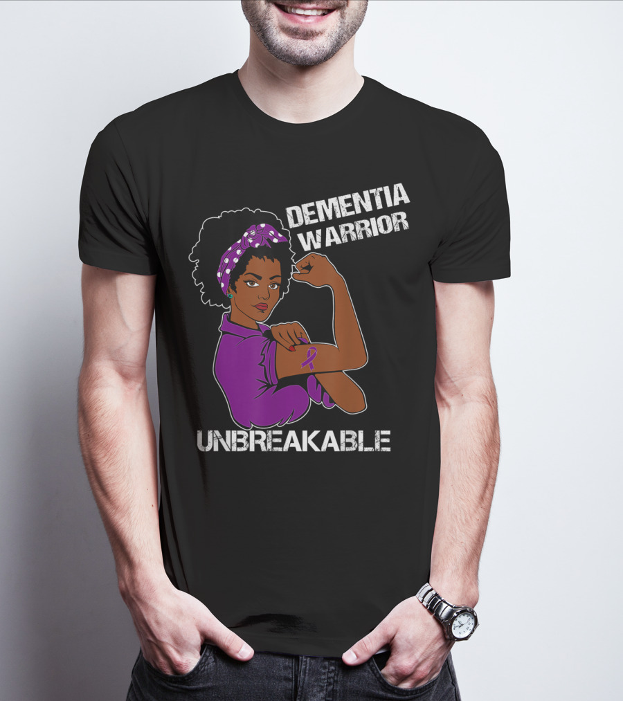 Dementia Warrior Unbreakable Rosie The Riveter Woman With Purple Awareness T-Shirt