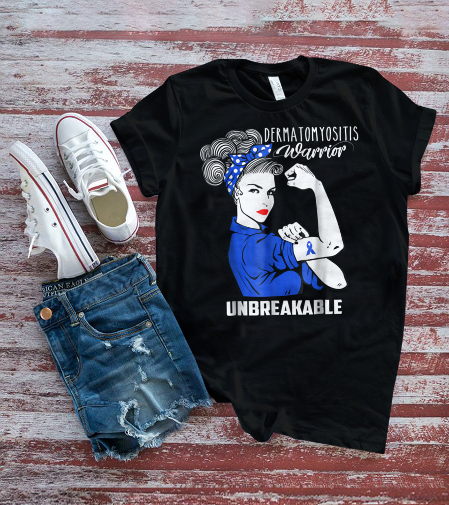 Dermatomyositis Warrior Unbreakable Awareness Flexing Rosie Icon With Blue T-Shirt