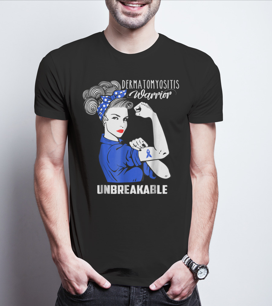 Dermatomyositis Warrior Unbreakable Awareness Flexing Rosie Icon With Blue T-Shirt