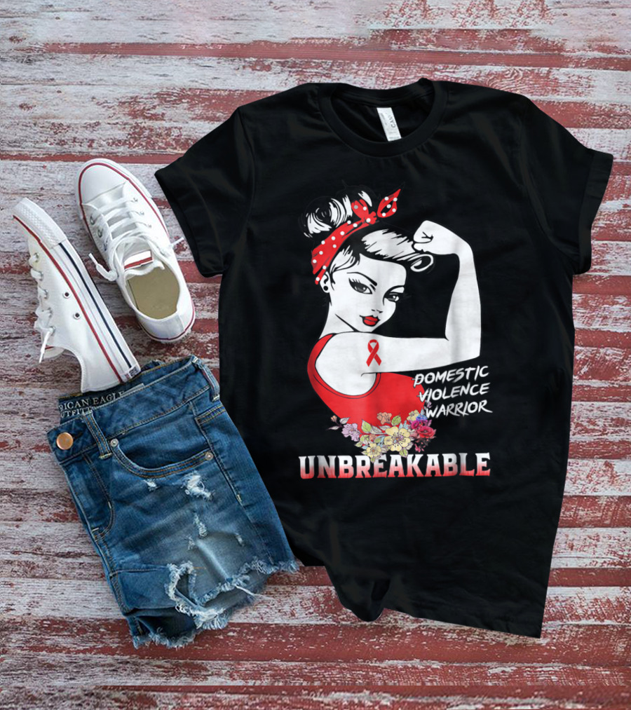 Domestic Violence Warrior Unbreakable Red Ribbon Rosie The Riveter Floral T-Shirt