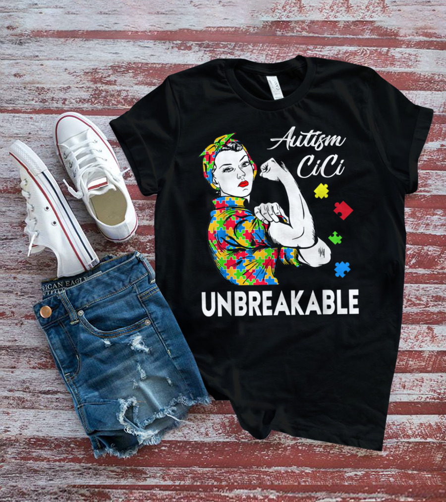 Autism CiCi Unbreakable Autism Awareness Puzzle Pieces Rosie The Riveter T-Shirt