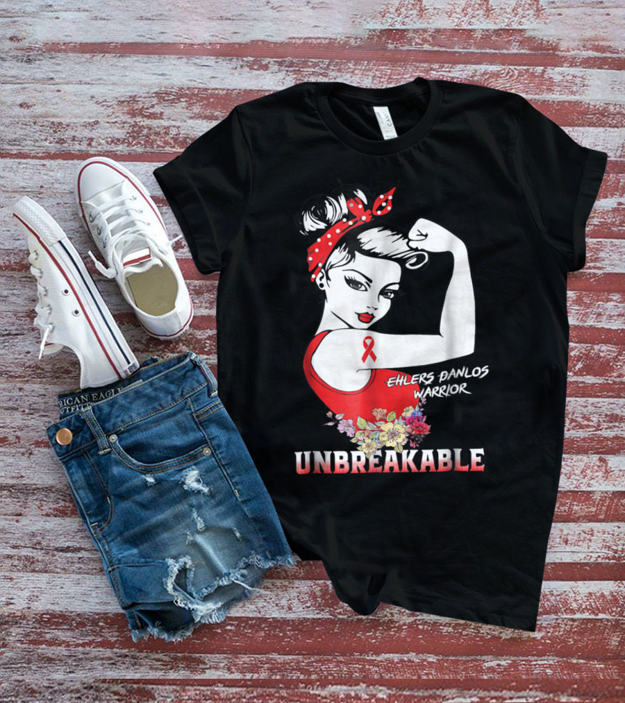 Ehlers Danlos Warrior Unbreakable Rosie The Riveter Style With Ribbon And Floral Elements T-Shirt