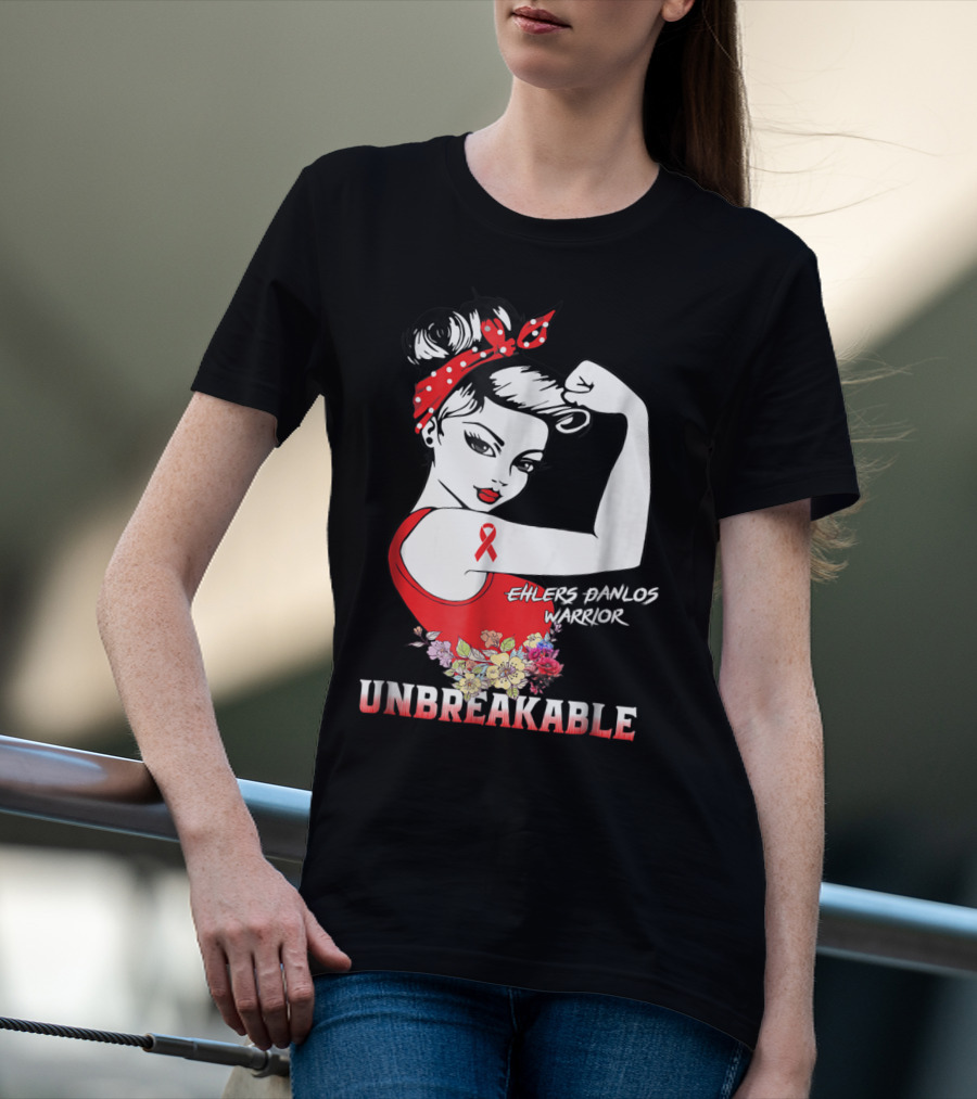 Ehlers Danlos Warrior Unbreakable Rosie The Riveter Style With Ribbon And Floral Elements T-Shirt