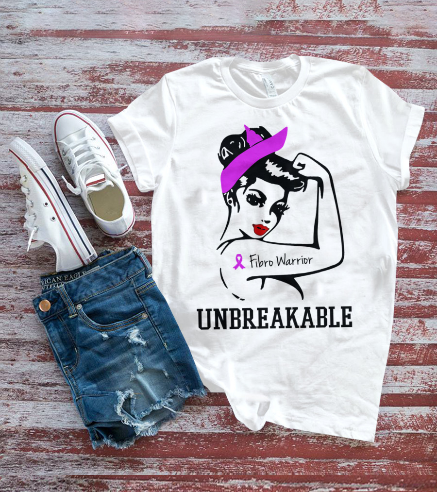 Fibro Warrior Unbreakable Strong Woman With Pink Ribbon And Purple Hair Bow T-Shirt
