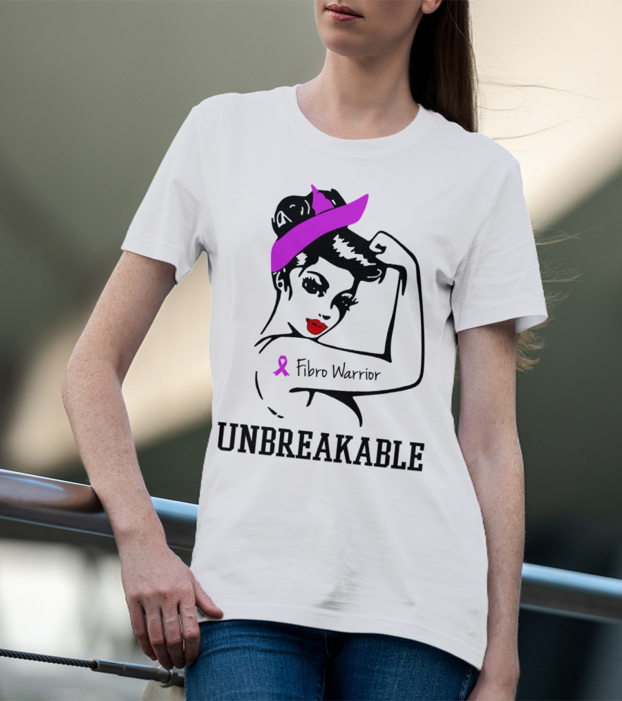 Fibro Warrior Unbreakable Strong Woman With Pink Ribbon And Purple Hair Bow T-Shirt