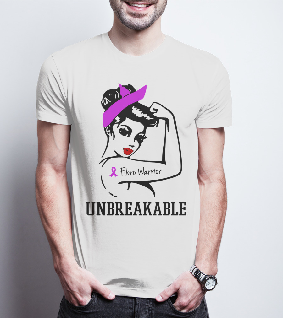 Fibro Warrior Unbreakable Strong Woman With Pink Ribbon And Purple Hair Bow T-Shirt
