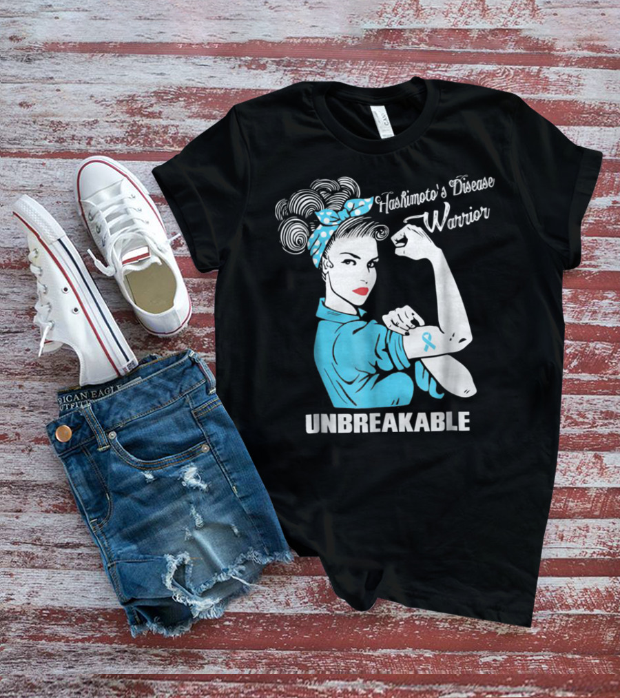 Hashimoto's Disease Warrior Unbreakable Rosie Riveter Style Blue Awareness T-Shirt